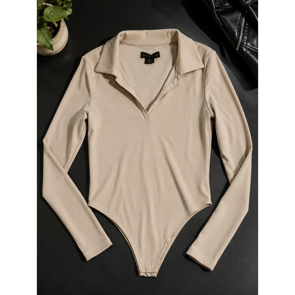 House of Harlow 1960 Long Sleeve Collared  Ribbed Bodysuit, Beige, Size Small